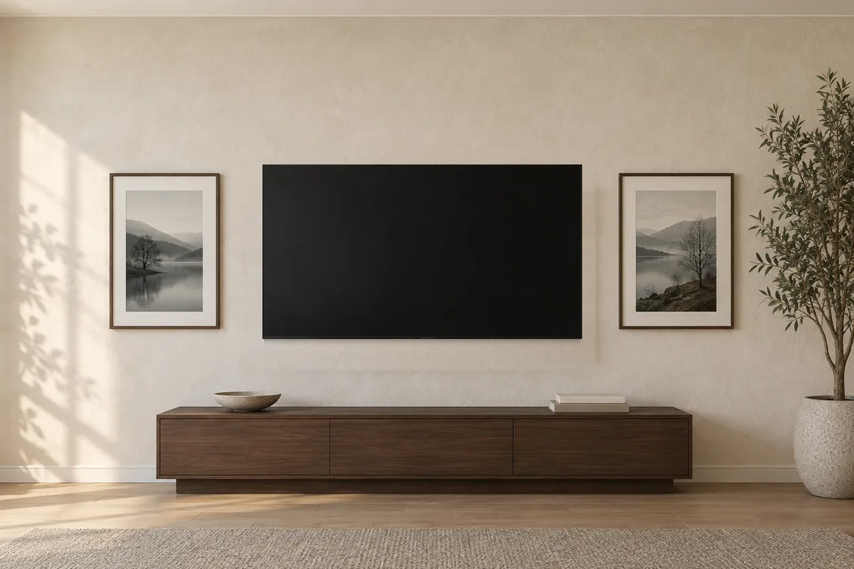 A low wall-mounted TV, switched off, over a long dark walnut media console, with one framed black and white lake landscape hung on each side of it and centred on the same line as the screen, and a slender olive tree in a stoneware pot at the right