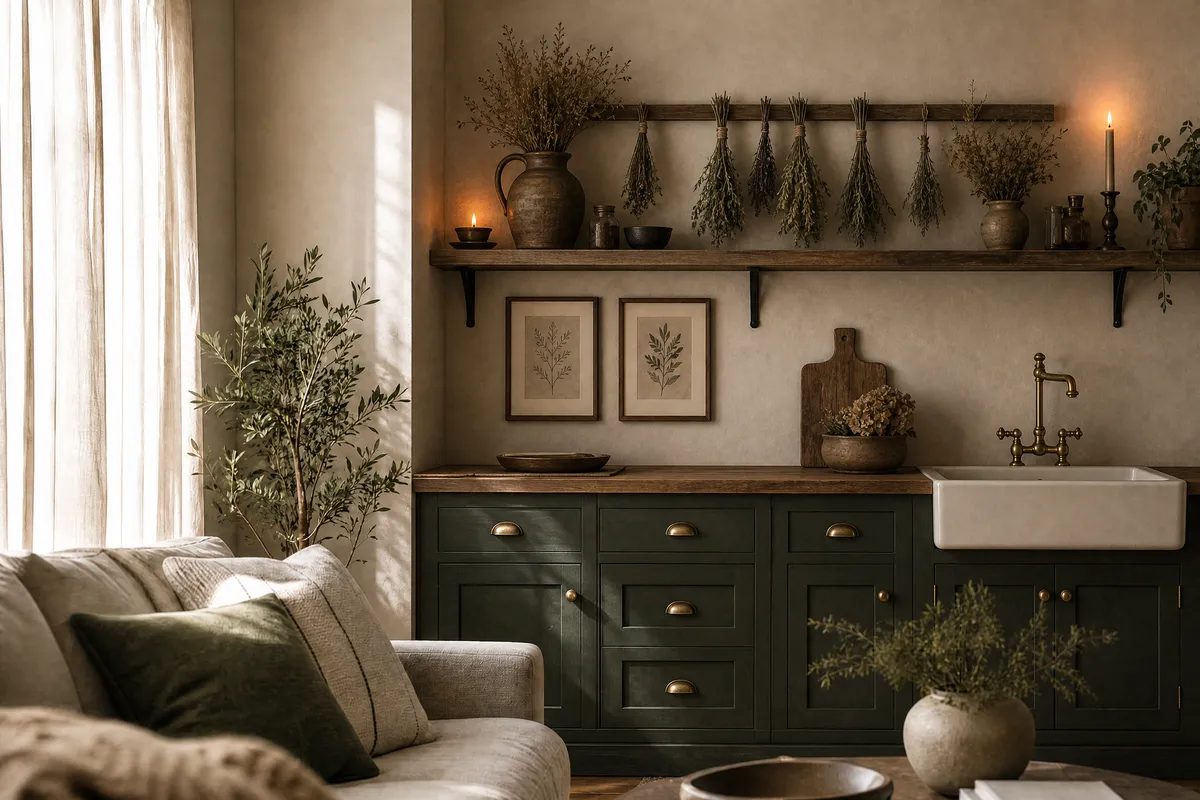 A moody kitchen corner with deep green cabinets, open wooden shelving, copper pots, and two framed dark botanical prints beside a stoneware jug