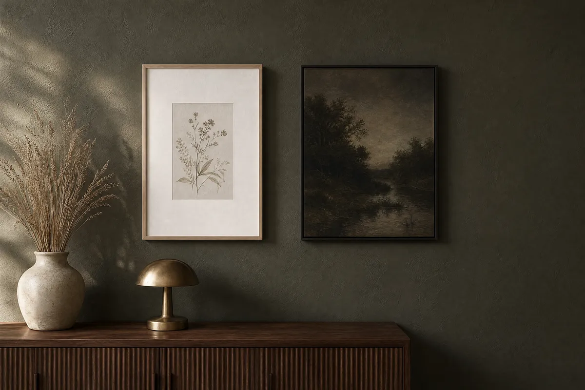 Two framed prints side by side on a deep dark olive-green plaster wall in warm afternoon light: on the left a pale botanical print in a slim pale oak frame with a very wide off-white mat, reading crisply; on the right a dark landscape print in a black frame with no mat, sinking into the wall. Below them a walnut sideboard with a cream stoneware vase of dried grasses and a small brass lamp