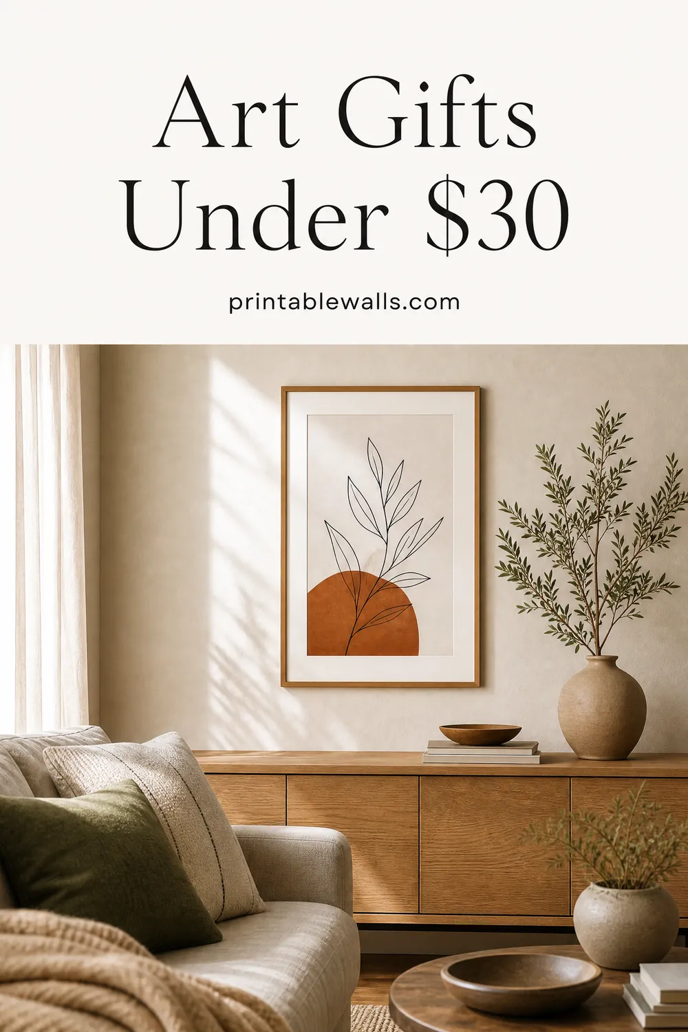 Preview image for the guide "14 Printable Art Gifts Under $30, Sorted by Who You're Buying For" (AI-generated styled interior with title overlay)