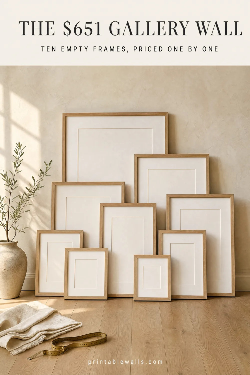 Framed preview of the guide "A Gallery Wall Kit Costs $651 for Ten Empty Frames. Separately, Those Same Ten Frames Cost $651" (AI-generated styled interior with title overlay)