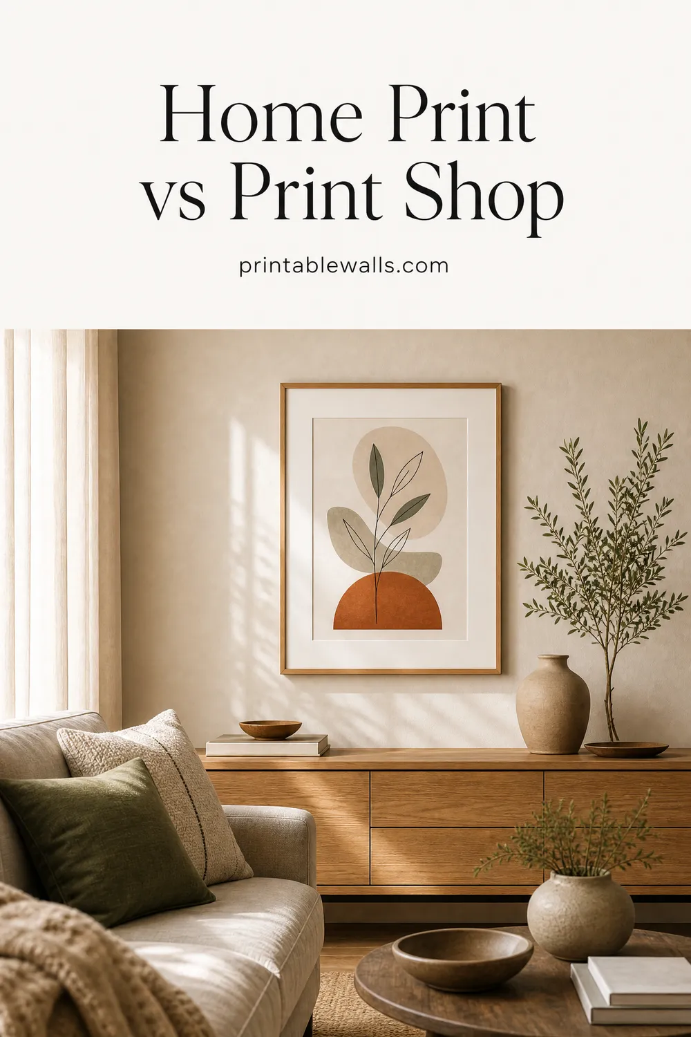 Pinterest pin 2 for this guide: AI-generated styled interior photo with the title text overlaid and the printablewalls.com wordmark