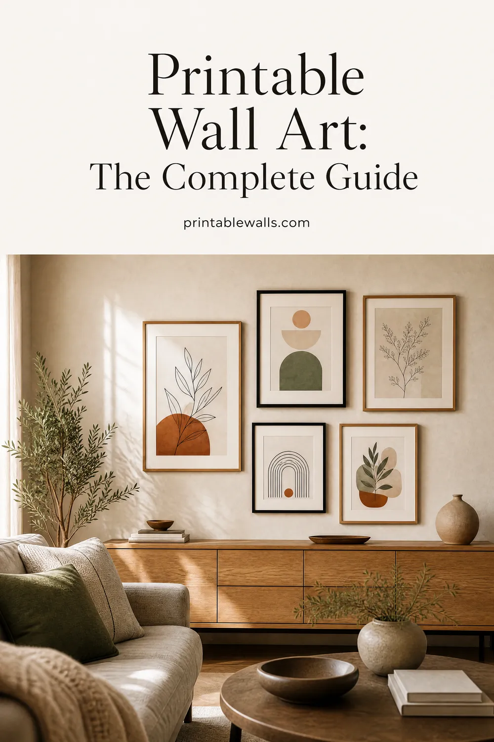 Preview image for the guide "Printable Wall Art: The Complete Guide to Sizing, Printing, Framing, and Hanging" (AI-generated styled interior with title overlay)