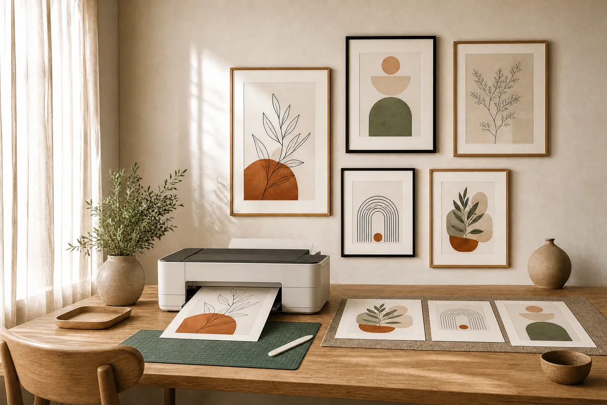 Split scene: a home inkjet printer producing a botanical print on one side, a professional print shop counter with large-format prints on the other