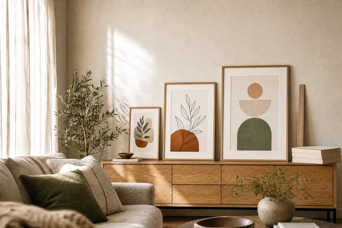 A bright living room wall with three framed art prints in oak frames above a linen sofa, natural window light falling across the paper