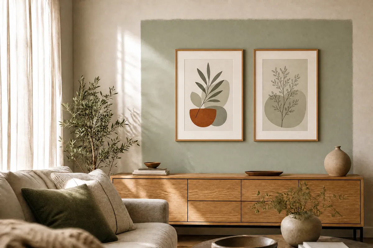 A serene bedroom corner with two framed sage green botanical prints in oak frames above a cream boucle chair, eucalyptus stems in a vase nearby